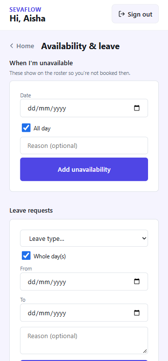 Availability and leave request screen