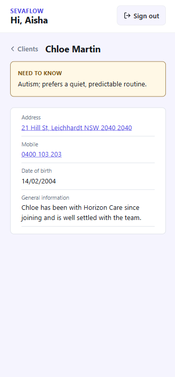 Client detail screen with need-to-know, address, mobile and general information