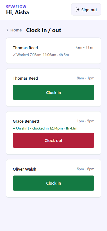 Clock in and out screen with completed, current and upcoming shifts