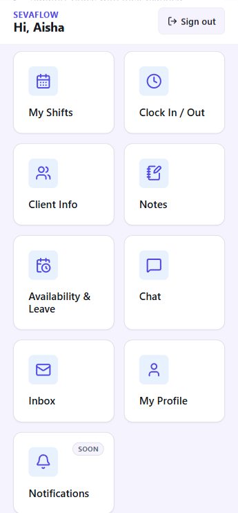 Worker app home screen tiles: My Shifts, Clock In and Out, Client Info, Notes, Availability and Leave, Chat, Inbox, My Profile