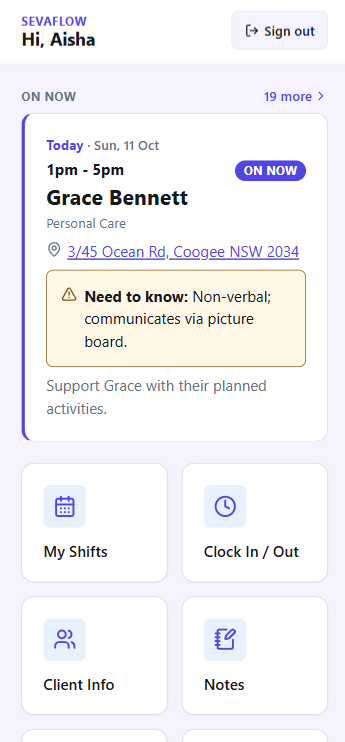 Worker app home screen showing the current shift with Grace Bennett and a need-to-know alert