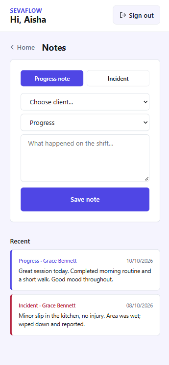 Progress note form with recent notes